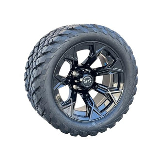 14 Inch Glossy Black Panther Golf Cart Wheels With 23x10-14 Street Tires, Set of 4