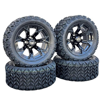 14 Inch Glossy Black Panther Golf Cart Wheels With 23x10-14 All Terrain Tires, Set of 4