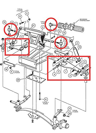 Huskey Club Car DS Front Rear End Repair/Rebuild Kit for 1993-2008 Models, Includes 1X Pair of King Pin Kit, 3X Tie Rod Ends, Control Arm Bushing Kit & Front & Rear Spring Bushing Kits