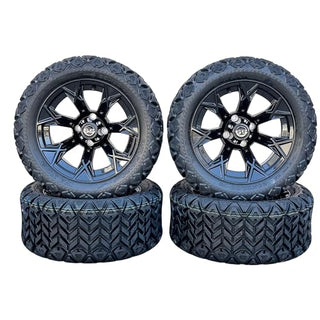 14 Inch Glossy Black Panther Golf Cart Wheels With 23x10-14 All Terrain Tires, Set of 4