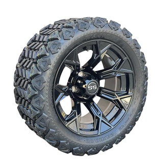14 Inch Glossy Black Panther Golf Cart Wheels With 23x10-14 All Terrain Tires, Set of 4