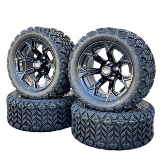 14 Inch Glossy Black Panther Golf Cart Wheels With 23x10-14 All Terrain Tires, Set of 4