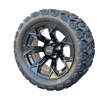 14 Inch Glossy Black Panther Golf Cart Wheels With 23x10-14 All Terrain Tires, Set of 4