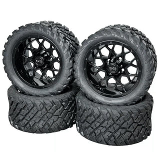 12 Inch Glossy Black Fusion Golf Cart Wheels With 20x10-12 Street Tires, Set of 4