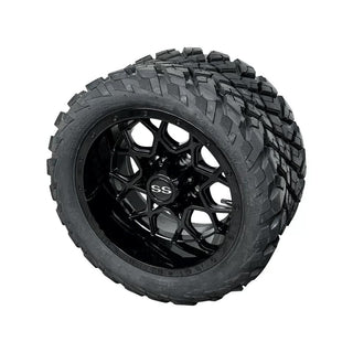 12 Inch Glossy Black Fusion Golf Cart Wheels With 20x10-12 Street Tires, Set of 4