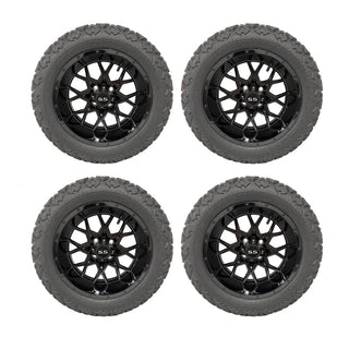 14 Inch Glossy Black Fusion Golf Cart Wheels With 23x10-14 All Terrain Tires, Set of 4