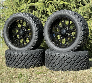 14 Inch Glossy Black Fusion Golf Cart Wheels With 23x10-14 Street Tires, Set of 4