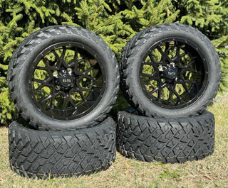 14 Inch Glossy Black Fusion Golf Cart Wheels With 23x10-14 Street Tires, Set of 4