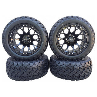14" Glossy Black Golf Cart Wheels/ Tires 22x10-14 All Terrain, EZGO/Club Car/YMH