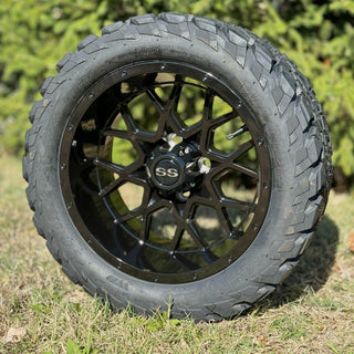 14 Inch Glossy Black Fusion Golf Cart Wheels With 23x10-14 Street Tires, Set of 4