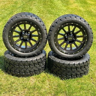 14 Inch Glossy Black Cascade Golf Cart Wheels With 22x10-14 Street Tires, Set of 4