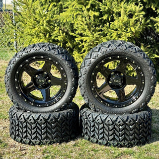 14 Inch Glossy Black Warrior Golf Cart Wheels With 23x10-14 All Terrain Tires, Set of 4