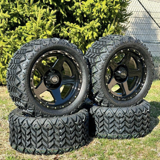 14 Inch Glossy Black Warrior Golf Cart Wheels With 23x10-14 All Terrain Tires, Set of 4