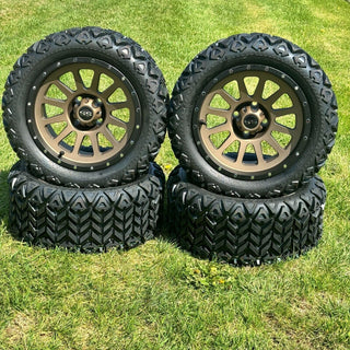 14 Inch Black Lip Matte Bronze Cascade Golf Cart Wheels With 23x10-14 All Terrain Tires, Set of 4