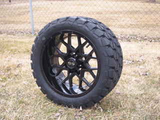 14 Inch Glossy Black Fusion Golf Cart Wheels With 22x10-14 Street Tires, Set of 4