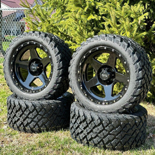 14 Inch Glossy Black Warrior Golf Cart Wheels With 23x10-14 Street Tires, Set of 4