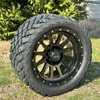 14 Inch Glossy Black Cascade Golf Cart Wheels With 23x10-14 Street Tires, Set of 4