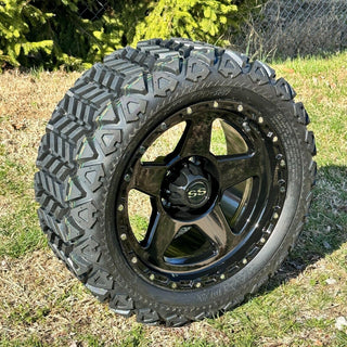 14 Inch Glossy Black Warrior Golf Cart Wheels With 23x10-14 All Terrain Tires, Set of 4