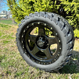 14 Inch Glossy Black Warrior Golf Cart Wheels With 23x10-14 Street Tires, Set of 4