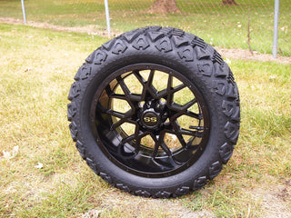 14 Inch Glossy Black Fusion Golf Cart Wheels With 23x10-14 All Terrain Tires, Set of 4