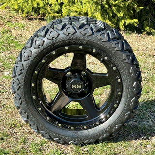 14 Inch Glossy Black Warrior Golf Cart Wheels With 23x10-14 All Terrain Tires, Set of 4