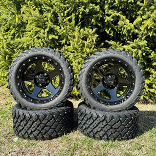 14 Inch Glossy Black Warrior Golf Cart Wheels With 23x10-14 Street Tires, Set of 4