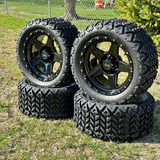 14 Inch Glossy Black Warrior Golf Cart Wheels With 23x10-14 All Terrain Tires, Set of 4