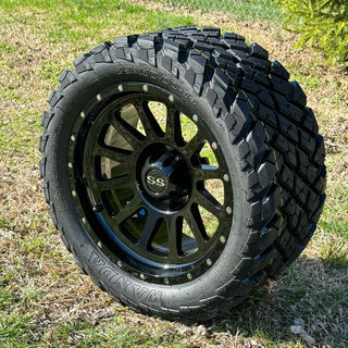 14 Inch Glossy Black Cascade Golf Cart Wheels With 23x10-14 Street Tires, Set of 4