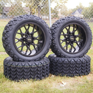 14 Inch Glossy Black Fusion Golf Cart Wheels With 23x10-14 All Terrain Tires, Set of 4
