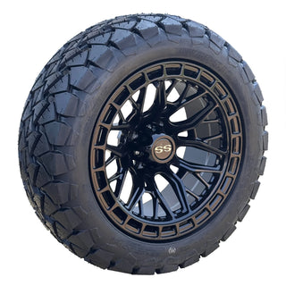 14" Black Defender Golf Cart Wheels on 22x10-14 AT Tires, EZGO/Club Car/YMH/Icon