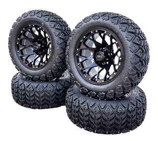 Golf Cart Wheel 14X7 Glossy Black Aggressor on 23" DOT All Terrain Tire, EZGO CC
