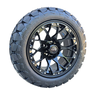 14" Glossy Black Golf Cart Wheels/ Tires 22x10-14 All Terrain, EZGO/Club Car/YMH