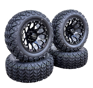 Golf Cart Wheel 14X7 Glossy Black Aggressor on 23" DOT All Terrain Tire, EZGO CC