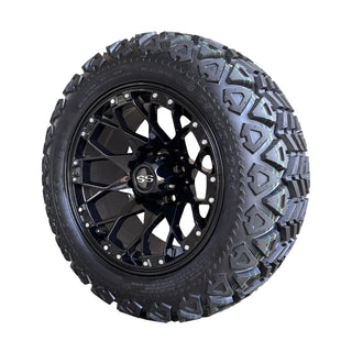 Golf Cart Wheel 14X7 Glossy Black Aggressor on 23" DOT All Terrain Tire, EZGO CC