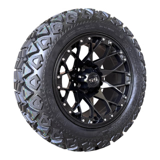 Golf Cart Wheel 14X7 Glossy Black Aggressor on 23" DOT All Terrain Tire, EZGO CC
