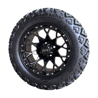 Golf Cart Wheel 14X7 Glossy Black Aggressor on 23" DOT All Terrain Tire, EZGO CC