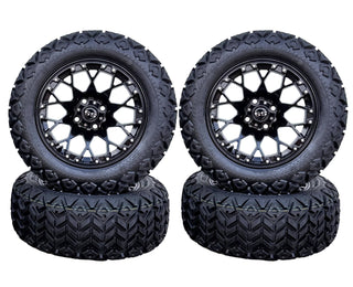 Golf Cart Wheel 14X7 Glossy Black Aggressor on 23" DOT All Terrain Tire, EZGO CC