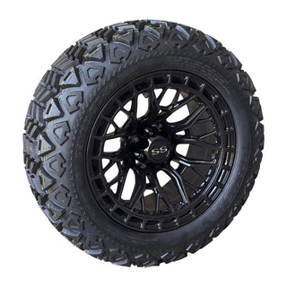 4X 14" GLOSS BLACK DEFENDER GOLF CART WHEELS &TIRES 23X10-14 DOT, EZGO CC, YMH