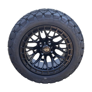 14" Black Defender Golf Cart Wheels on 22x10-14 AT Tires, EZGO/Club Car/YMH/Icon