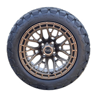 14" Golf Cart Wheels Bronze Defender on 22x10-14 All Terrain Tires, EZGO Club Ca