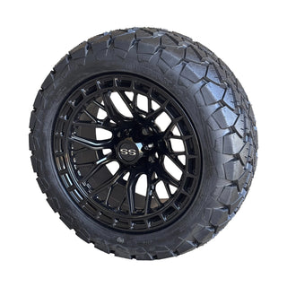 14" Black Defender Golf Cart Wheels on 22x10-14 AT Tires, EZGO/Club Car/YMH/Icon