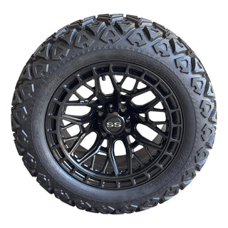 4X 14" GLOSS BLACK DEFENDER GOLF CART WHEELS &TIRES 23X10-14 DOT, EZGO CC, YMH