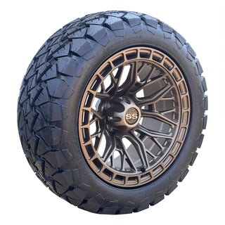 14" Golf Cart Wheels Bronze Defender on 22x10-14 All Terrain Tires, EZGO Club Ca