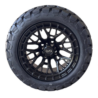 14" Black Defender Golf Cart Wheels on 22x10-14 AT Tires, EZGO/Club Car/YMH/Icon