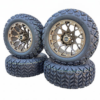 4x Golf Cart Wheel 14X7 Bronze Aggressor on 23" All Terrain Tire, EZGO Club Car