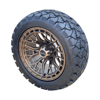 14" Golf Cart Wheels Bronze Defender on 22x10-14 All Terrain Tires, EZGO Club Ca
