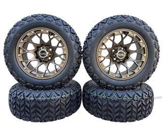 4x Golf Cart Wheel 14X7 Bronze Aggressor on 23" All Terrain Tire, EZGO Club Car