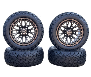 14" Golf Cart Wheels Bronze Defender on 22x10-14 All Terrain Tires, EZGO Club Ca