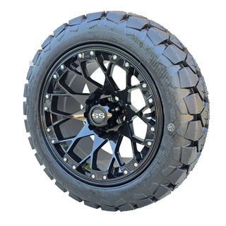 14" Glossy Black Golf Cart Wheels/ Tires 22x10-14 All Terrain, EZGO/Club Car/YMH