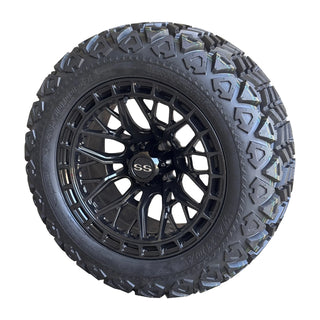 4X 14" GLOSS BLACK DEFENDER GOLF CART WHEELS &TIRES 23X10-14 DOT, EZGO CC, YMH